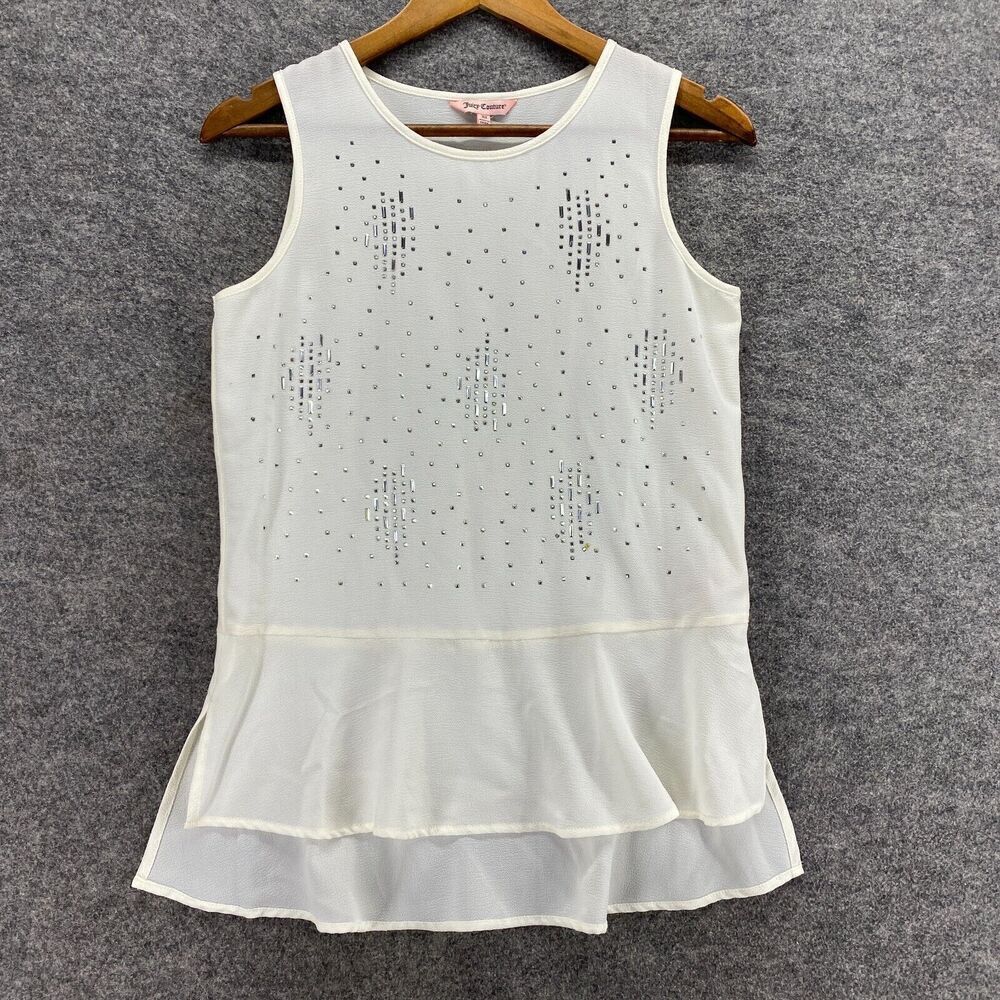 Juicy Couture Blouse Women XS White Rhinestone Crew Neck Sleeveless Wide Strap - Picture 1 of 9